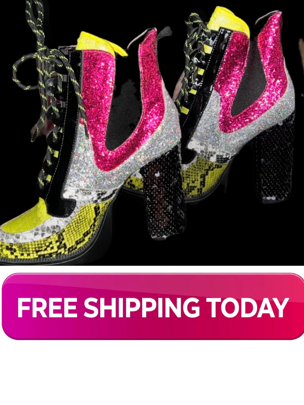 FUN Mixed-Media 5" Platform Heel Booties - Pink & Yellow RAVE SEQUENCE LOUD 8